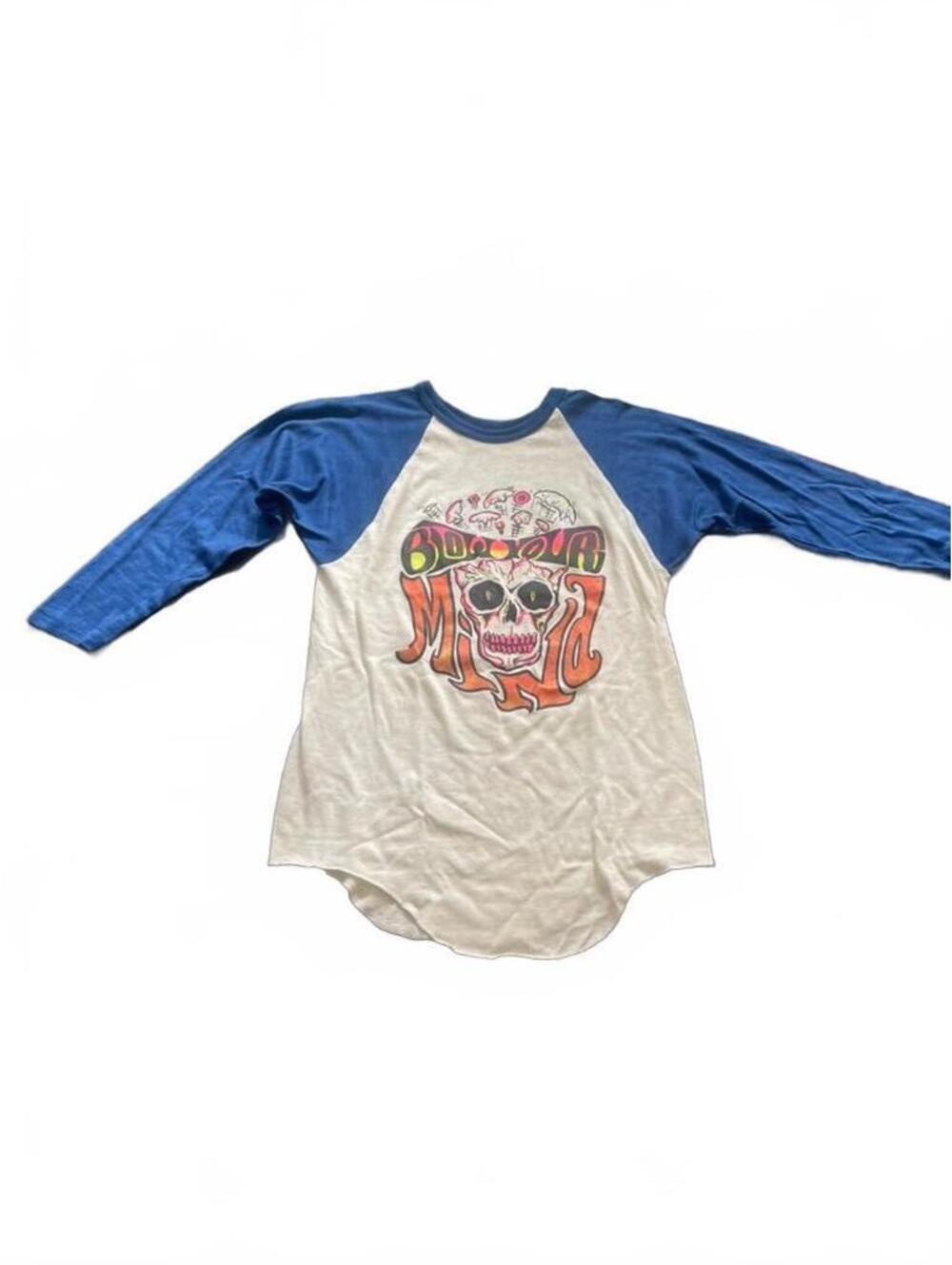 Vintage Blue and White Raglan Sleeve Shirt with Graphic Skull Print